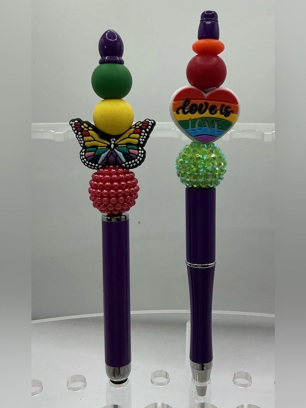 LGBTQ RAINBOW PRIDE HEART BUTTERFLY HANDMADE BEADED DECORATIVE PEN & STYLUS SET